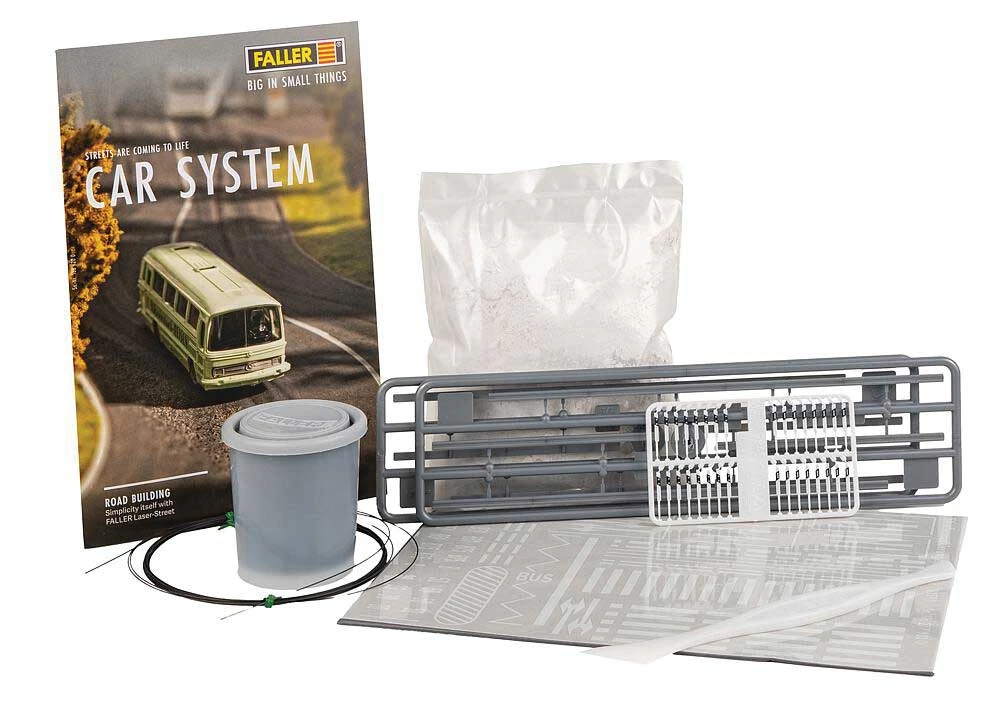 Faller Gmbh 161451 Road Construction Starter Set - Car System -- Includes Road Filler, Paint, Contact Wire, Details To Make 5m Of Road, HO Scale