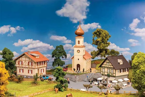 Faller Gmbh 190082 Idyll Village Set -- Kit - Includes Church, House And Cafe W/Fountain, HO Scale